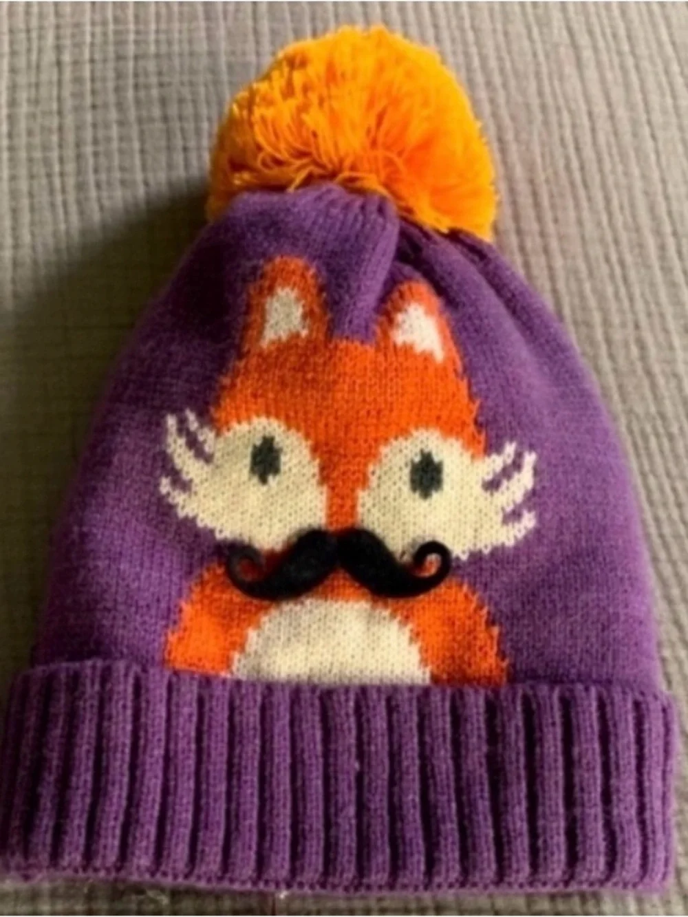 NWT Kids Purple Fox Pom-Pom Knitted Faux Fur Lining Beanie Hat
